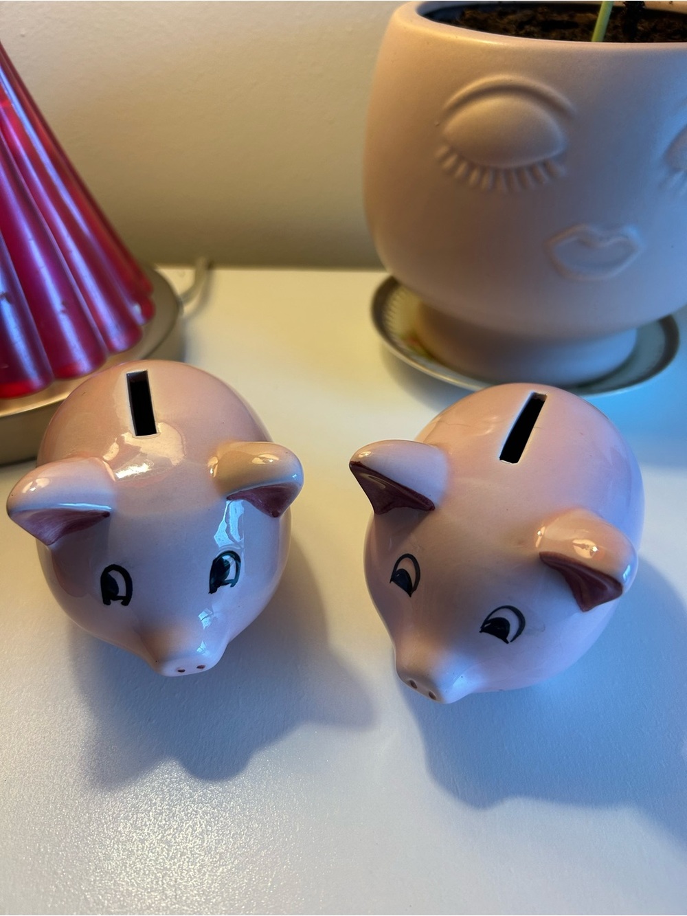 Two Pink Ceramic Piggy Bank Pair - Cute Home Accent
